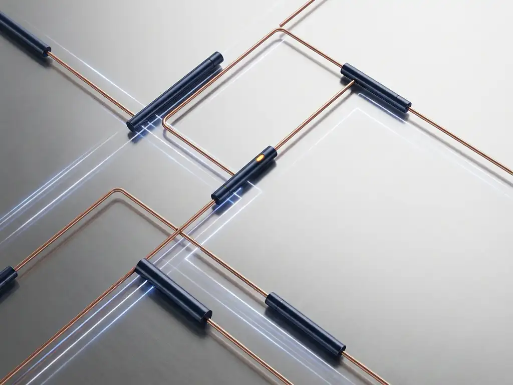 Industrial IoT sensors and copper pipes on polished steel, with amber-accented data flow lines in a minimalist flat lay.