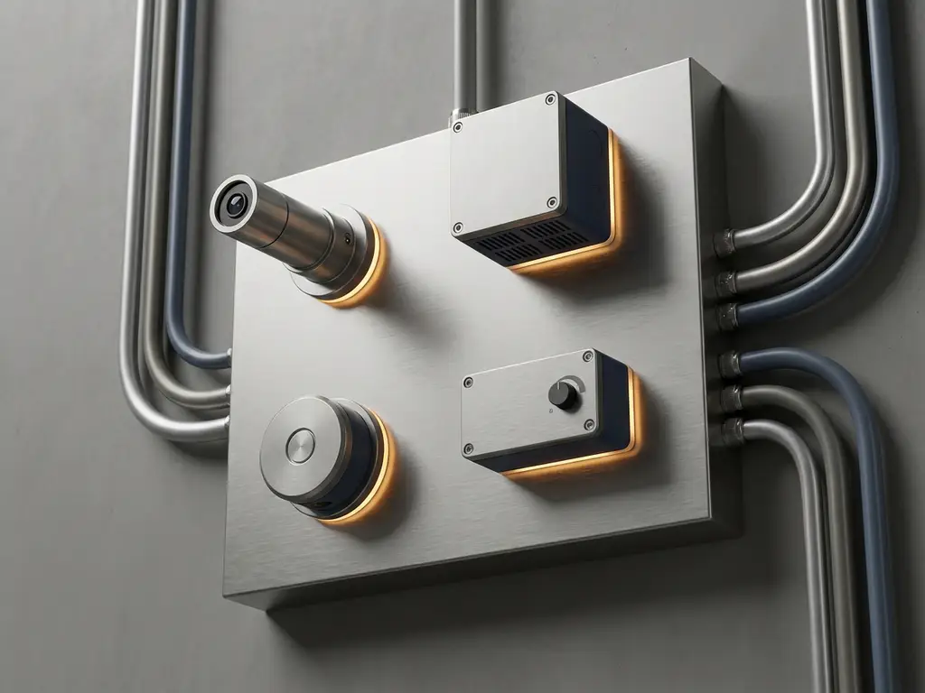 Four industrial sensors mounted on a brushed steel panel in a clean factory, silver and slate blue tones with warm amber accent lighting.