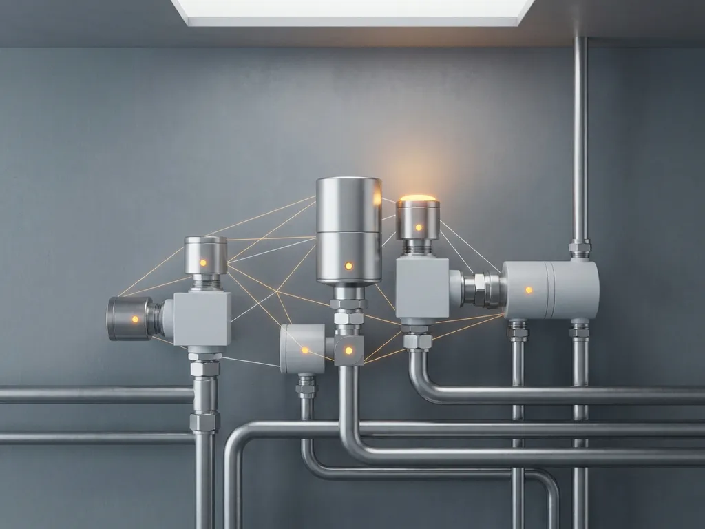 Precision industrial sensors mounted on a stainless steel pipe manifold in a clean process facility, illuminated by warm amber accent light.