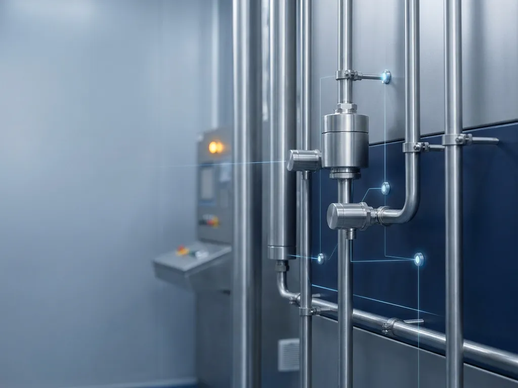 Industrial sensors on steel pipes in a modern processing plant, connected by glowing data pulse lines in silver, navy, and amber tones.