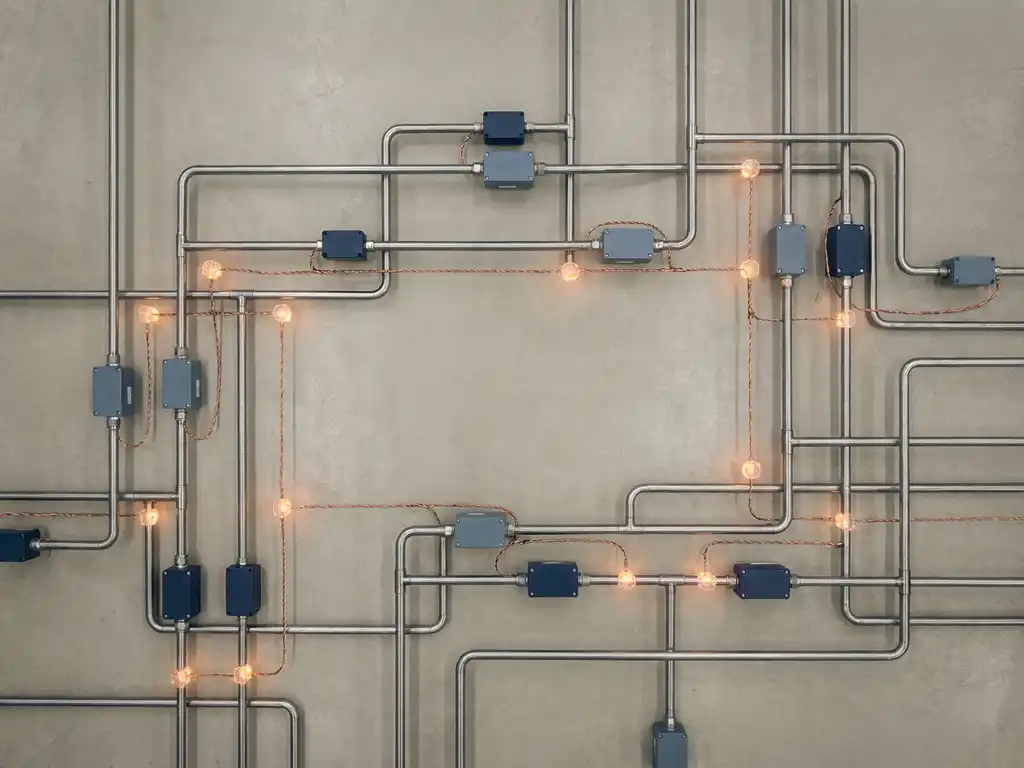 Steel pipes and industrial sensors linked by copper wire on a factory floor, flat-lay overhead view with geometric nodes and soft diffused lighting.