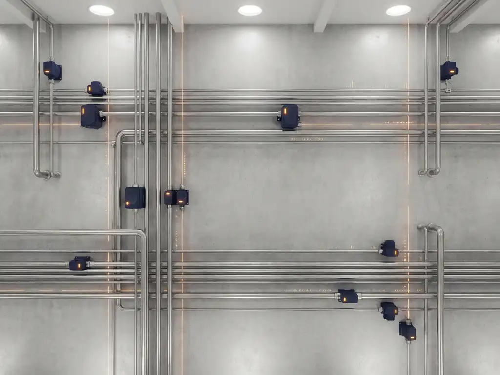 Stainless steel pipes and industrial sensors networked on a factory floor with glowing amber data lines threading between components.