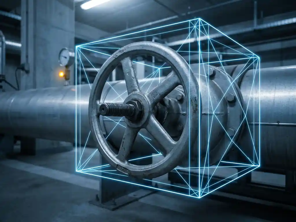Steel pipeline valve wheel encased in a glowing blue geometric digital security pattern against a charcoal industrial background.