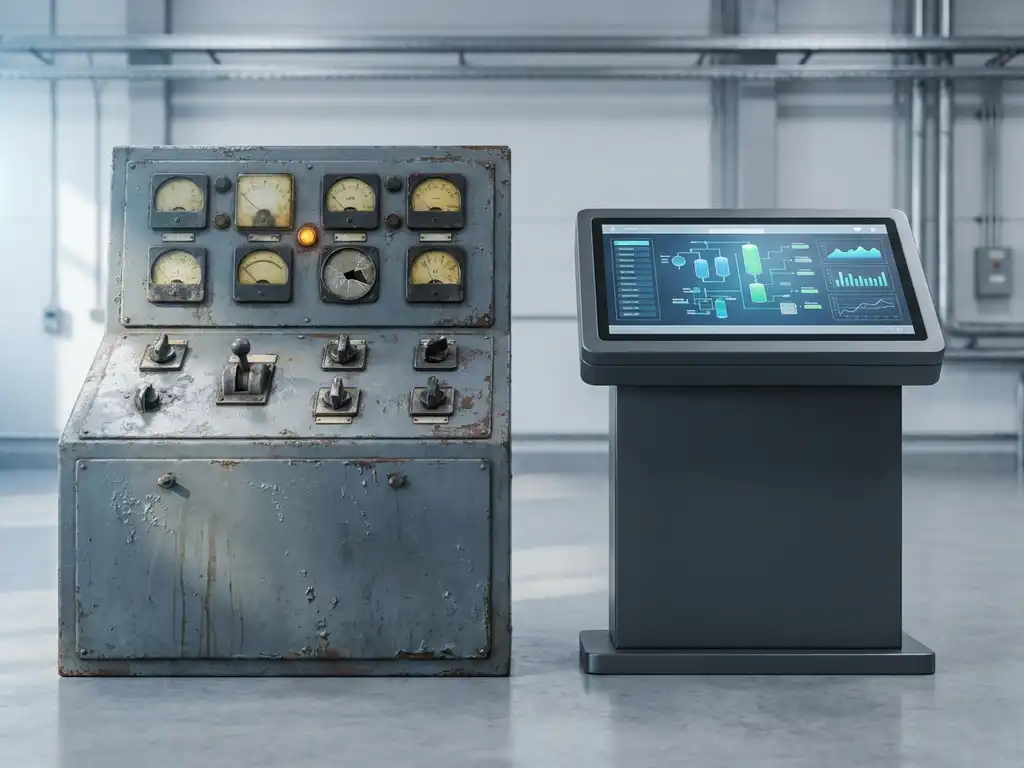 Decommissioned analog control panel with worn dials and switches beside a modern DCS touchscreen interface on a factory floor.