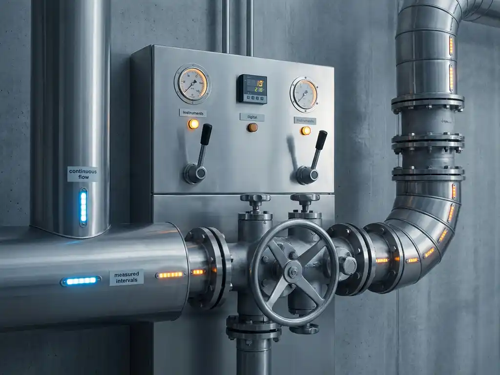 Industrial control panel with two pipeline systems merging into a central valve hub inside a modern process facility.