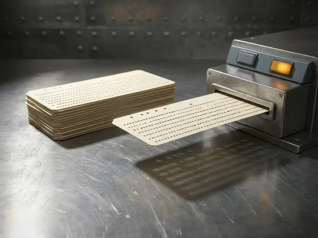 Stack of vintage punch cards on brushed steel surface with a single card sliding through a mechanical reader, lit by warm amber and cool grey tones.
