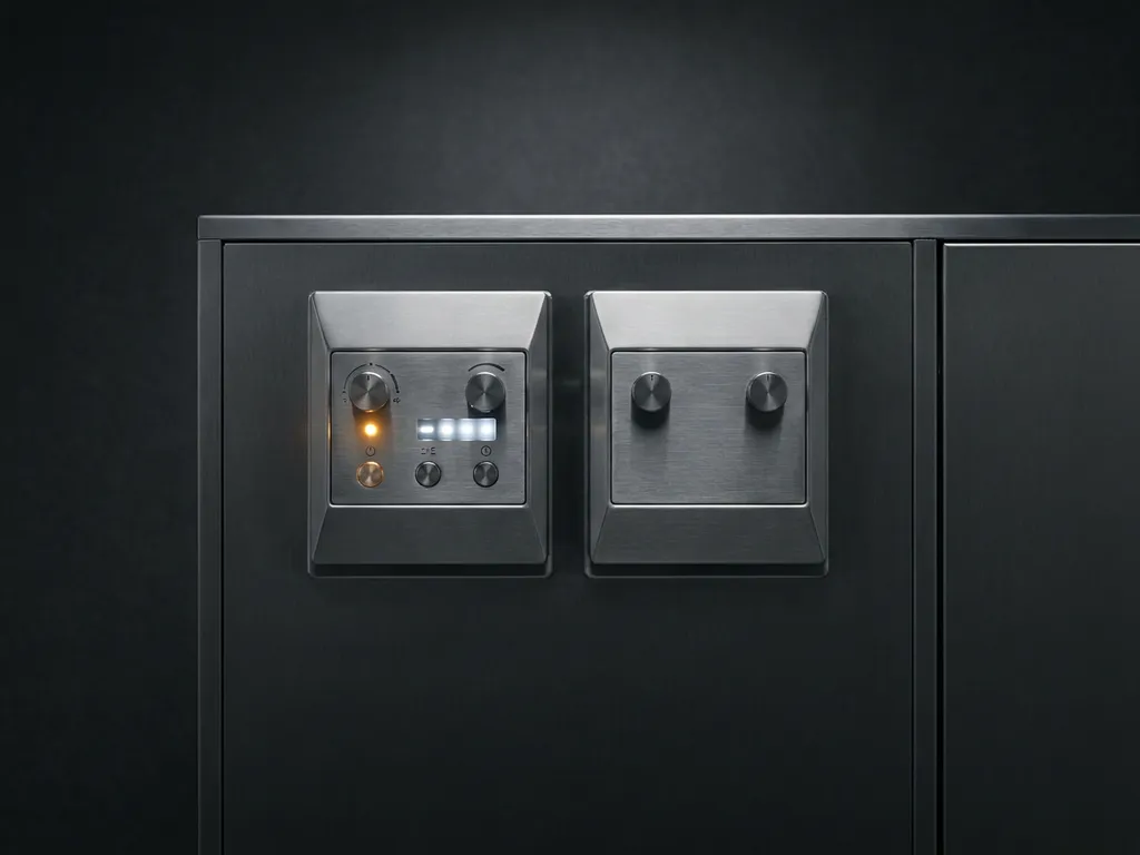 Two industrial control modules mounted side by side in a steel cabinet, one amber-lit to indicate active status, against a charcoal background.