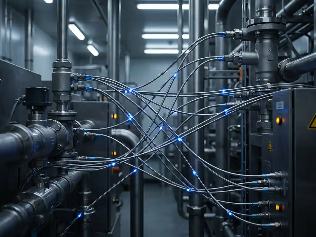 Metallic sensor cables connecting industrial pipe fittings with glowing blue data nodes, shot close-up under diffused factory lighting.