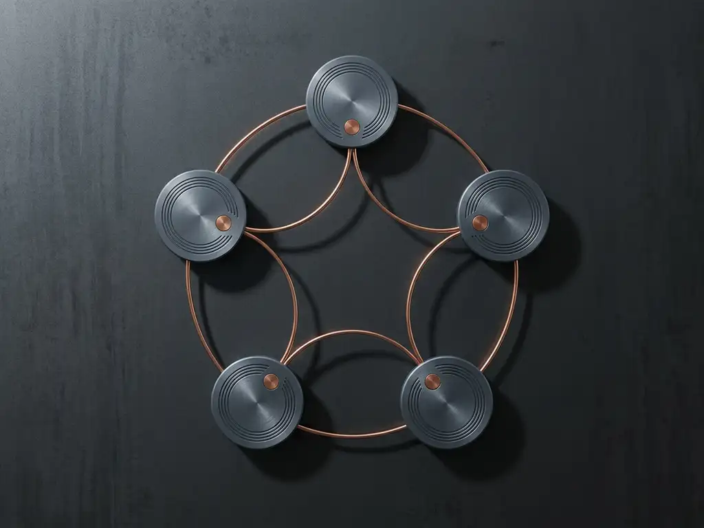 Five metallic sensor nodes in a circular formation on dark steel, linked by copper wire traces with geometric shadows.