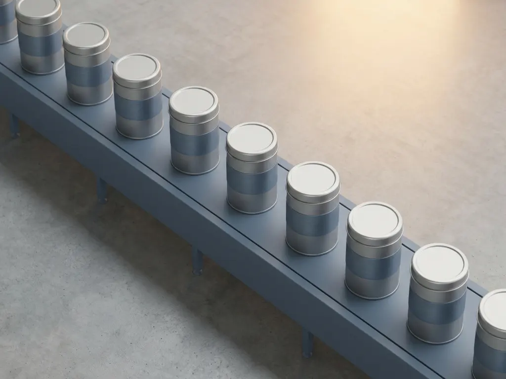 Steel industrial canisters evenly spaced on a factory conveyor belt, shot from above in cool silver and slate blue tones with amber accent lighting.