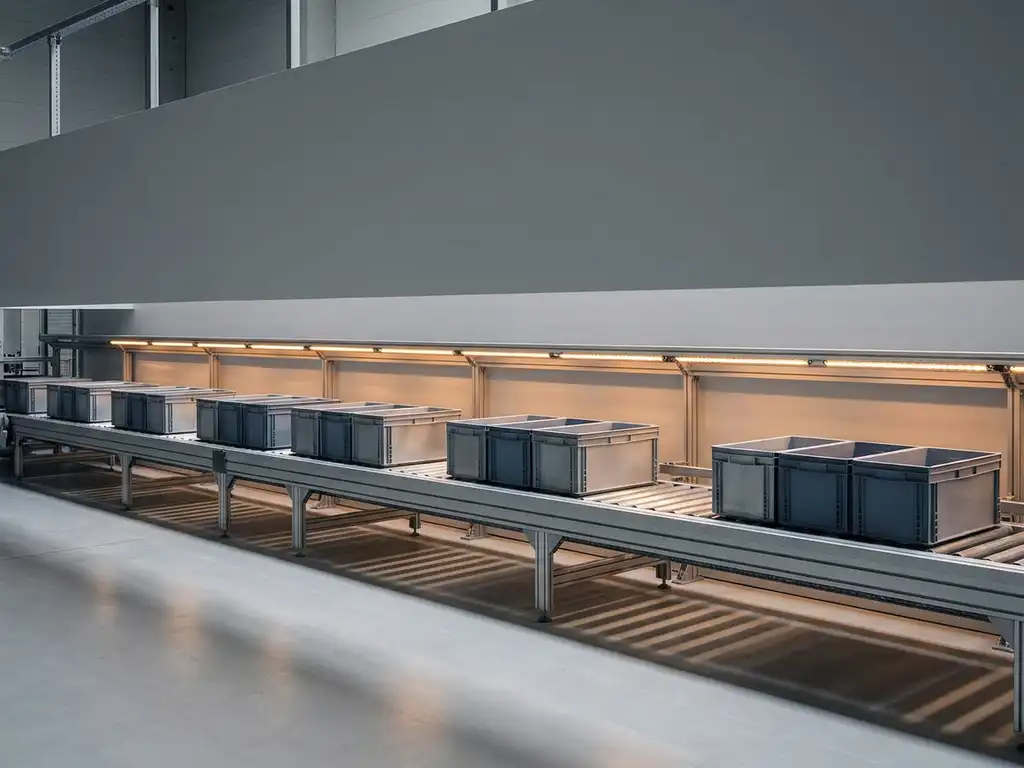 Identical steel industrial containers moving in uniform rows along a factory conveyor belt under warm amber lighting.