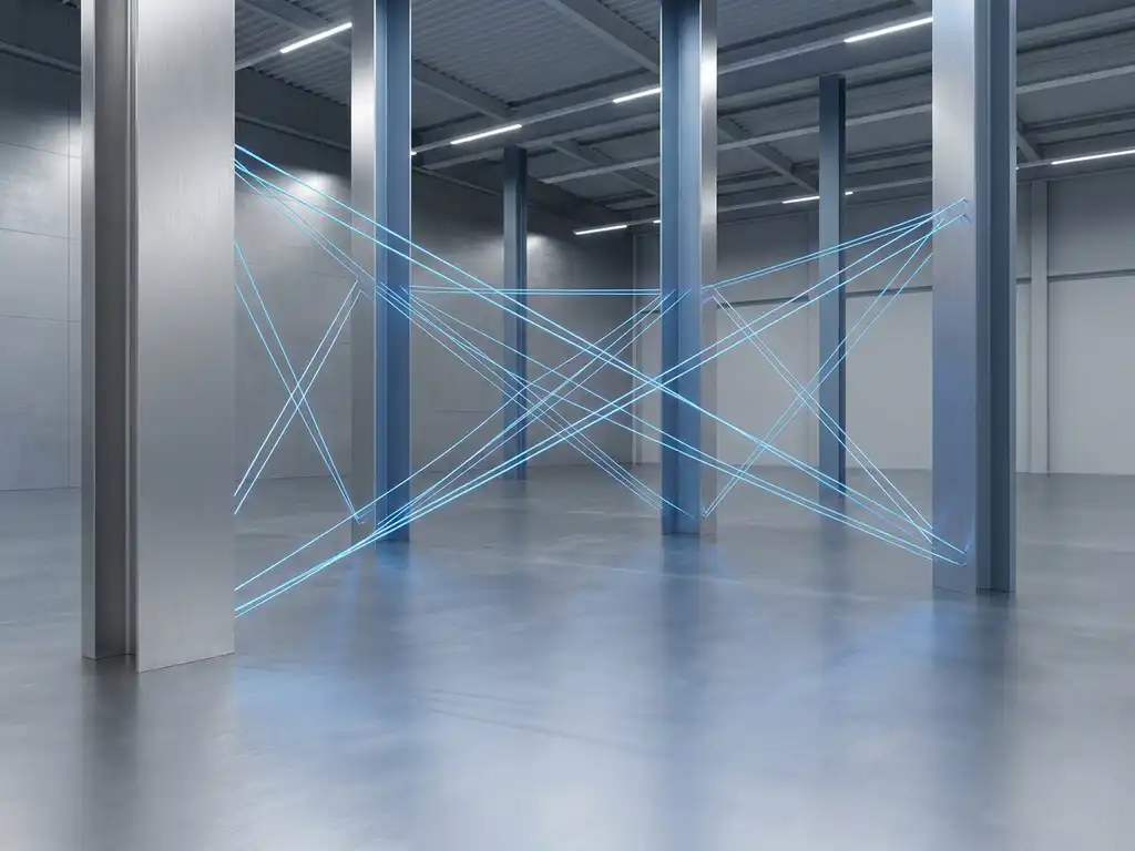 Four geometric steel pillars on a factory floor connected by glowing blue cables, shot from a low angle with cool diffused lighting.