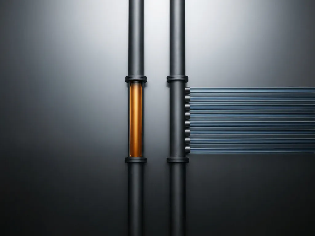 Two steel pipes on a polished surface, one carrying a single flow, the other splitting into parallel streams, in charcoal and steel-blue tones.